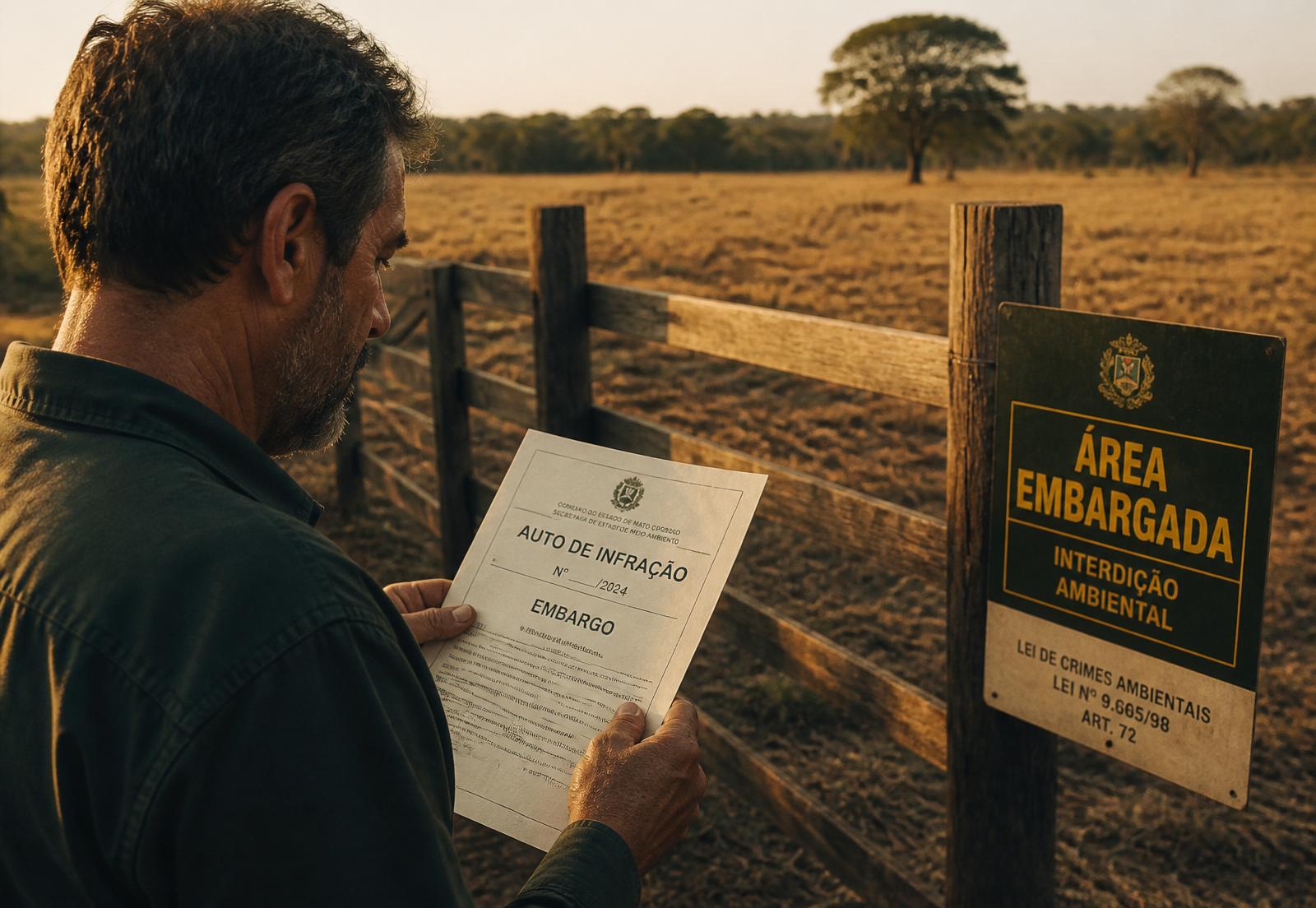 Produtor rural analisando um auto de infração ambiental ao lado de placa de área embargada